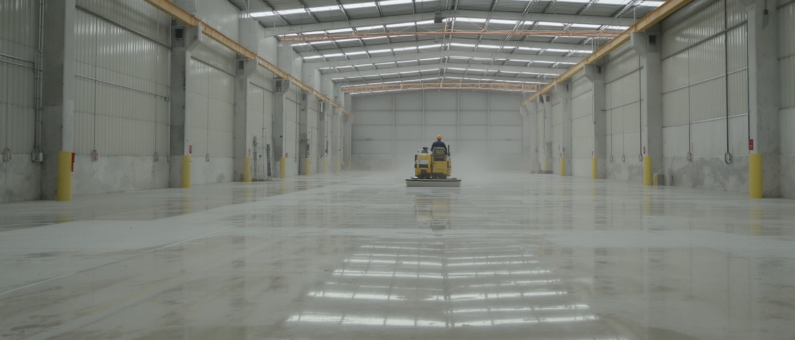 Frisch geglättete Betonbodenplatte in einer leeren Logistikhalle, im Hintergrund eine Aufsitzglättmaschine