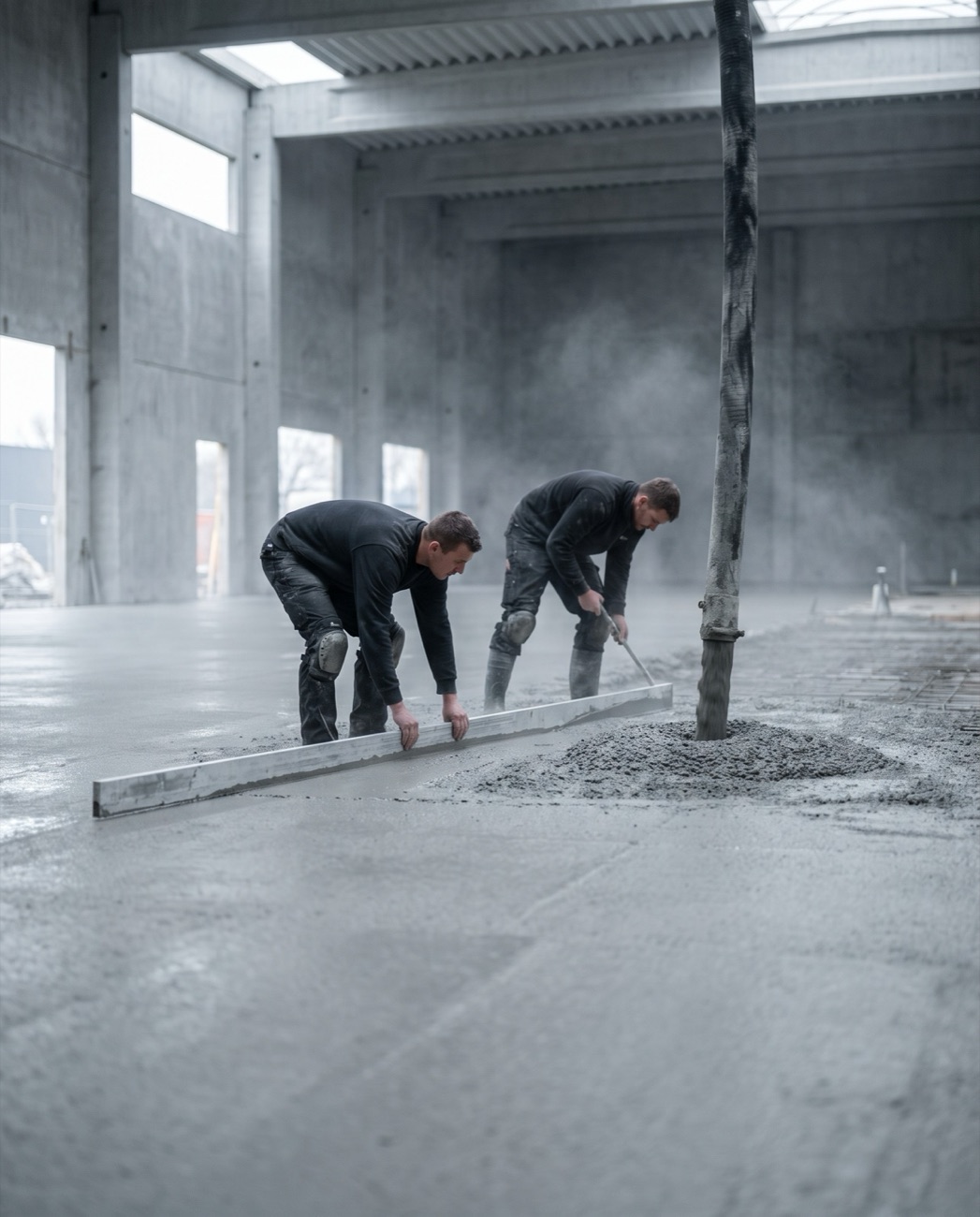 Zwei Arbeiter ziehen frischen Beton mit einer Richtlatte über die Bodenplatte einer Halle im Rohbau
