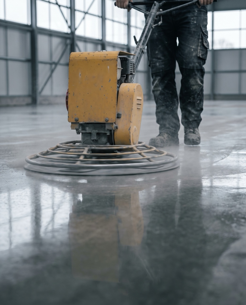 Handgeführte Rotationsglättmaschine poliert den Betonboden, die Fläche spiegelt das Hallendach
